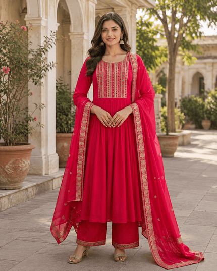 Embroidered Bamboo Slub Kurta Set with Printed Dupatta - Rosepetals Luxe