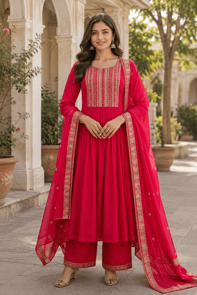 Embroidered Bamboo Slub Kurta Set with Printed Dupatta - Rosepetals Luxe