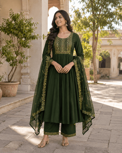 Embroidered Bamboo Slub Kurta Set with Printed Dupatta - Rosepetals Luxe