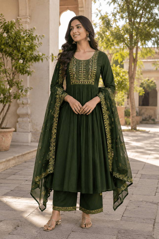 Embroidered Bamboo Slub Kurta Set with Printed Dupatta - Rosepetals Luxe