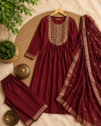 Embroidered Bamboo Slub Kurta Set with Printed Dupatta - Rosepetals Luxe