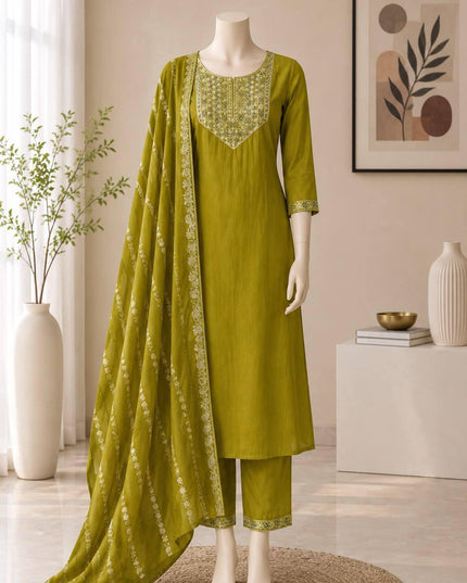 Embroidered Bamboo Slub Kurta Set with Printed Dupatta - Rosepetals Luxe
