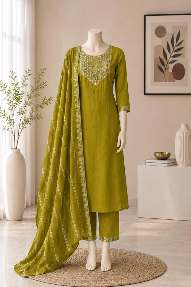 Embroidered Bamboo Slub Kurta Set with Printed Dupatta - Rosepetals Luxe