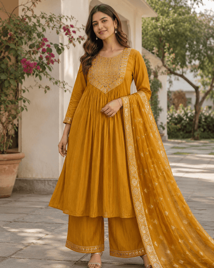 Embroidered Bamboo Slub Kurta Set with Printed Dupatta - Rosepetals Luxe