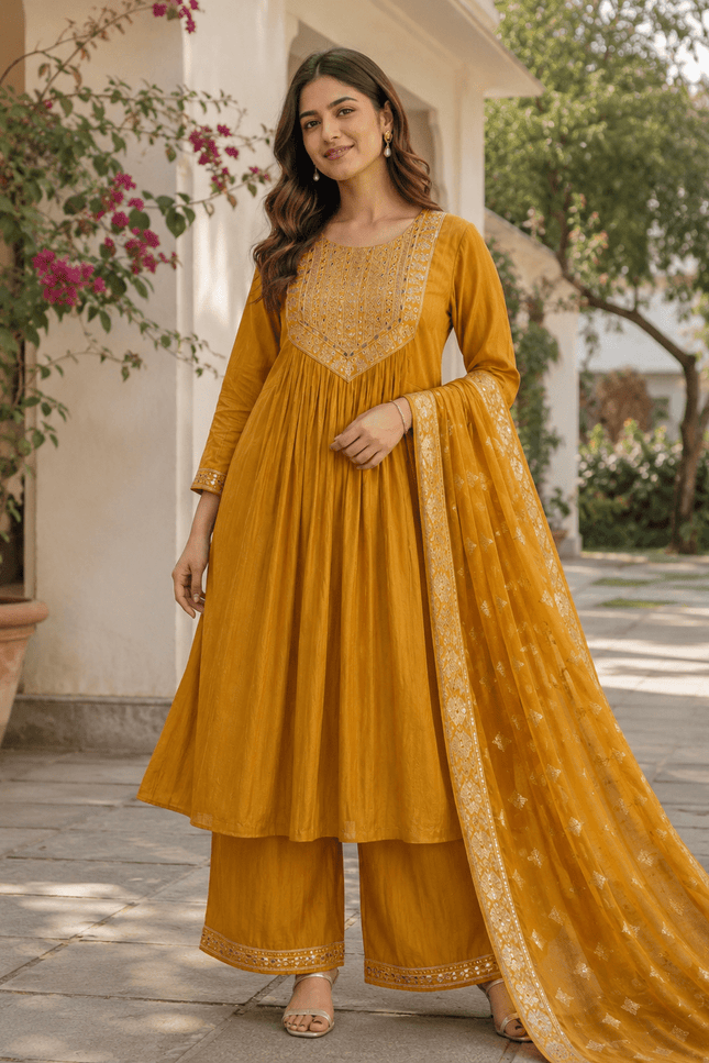 Embroidered Bamboo Slub Kurta Set with Printed Dupatta - Rosepetals Luxe