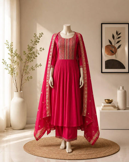 Embroidered Bamboo Slub Kurta Set with Printed Dupatta - Rosepetals Luxe