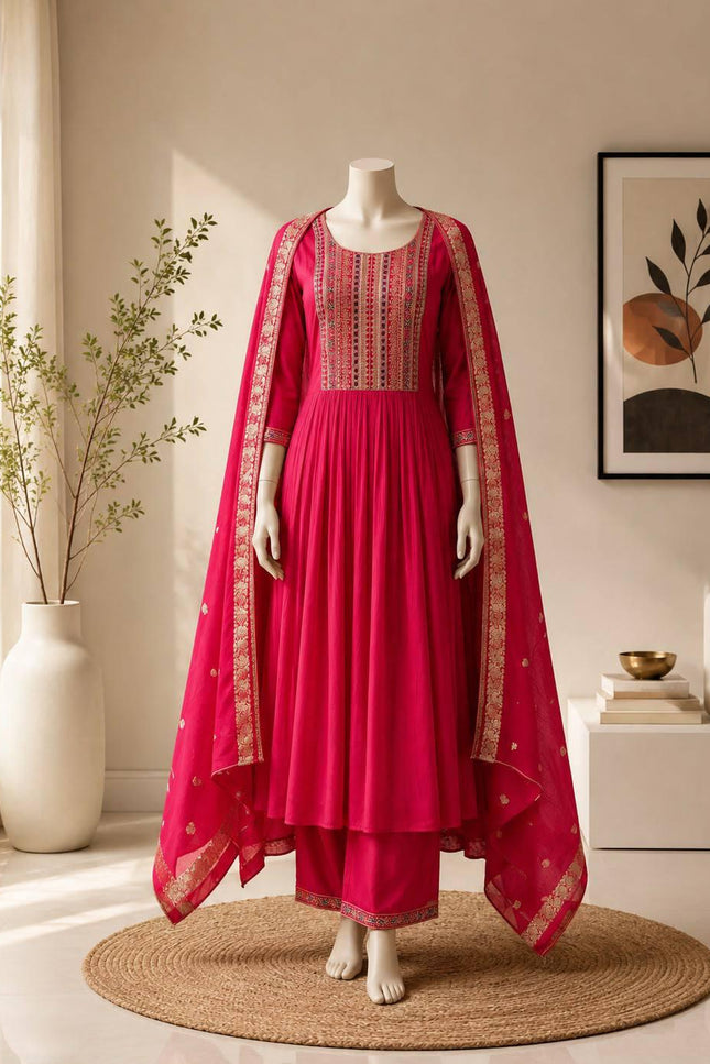 Embroidered Bamboo Slub Kurta Set with Printed Dupatta - Rosepetals Luxe