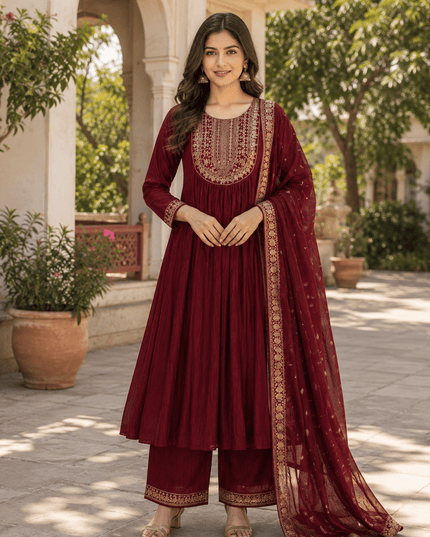 Embroidered Bamboo Slub Kurta Set with Printed Dupatta - Rosepetals Luxe