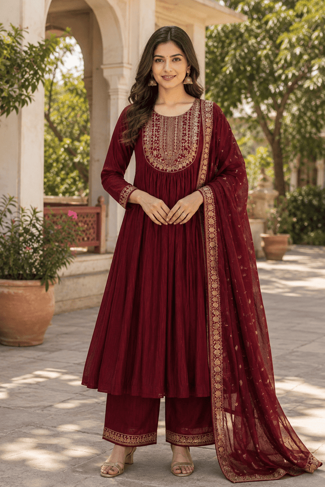Embroidered Bamboo Slub Kurta Set with Printed Dupatta - Rosepetals Luxe