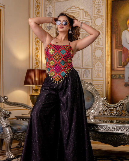 Embroidered Bangalori Silk Top & Pure Butti Palazzo Set | Mirror Work & Stone Embellishments - Rosepetals Luxe