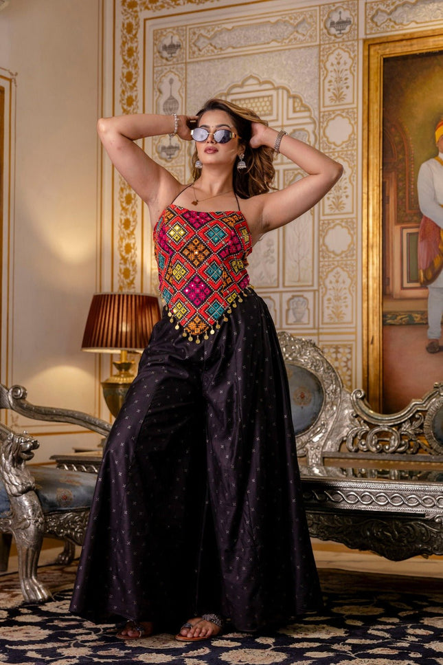 Embroidered Bangalori Silk Top & Pure Butti Palazzo Set | Mirror Work & Stone Embellishments - Rosepetals Luxe