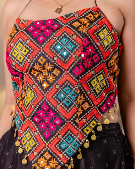 Embroidered Bangalori Silk Top & Pure Butti Palazzo Set | Mirror Work & Stone Embellishments - Rosepetals Luxe