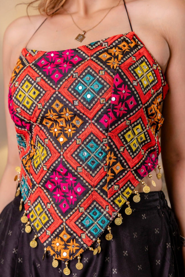 Embroidered Bangalori Silk Top & Pure Butti Palazzo Set | Mirror Work & Stone Embellishments - Rosepetals Luxe
