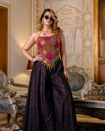 Embroidered Bangalori Silk Top & Pure Butti Palazzo Set | Mirror Work & Stone Embellishments - Rosepetals Luxe