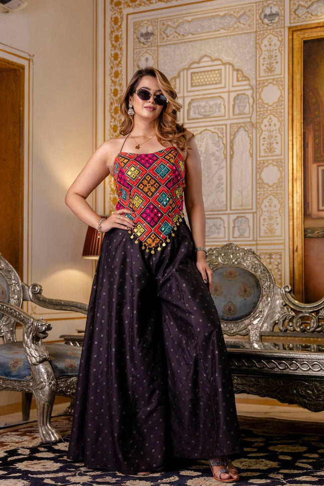 Embroidered Bangalori Silk Top & Pure Butti Palazzo Set | Mirror Work & Stone Embellishments - Rosepetals Luxe