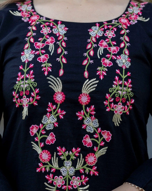 Embroidered Chinon Kurti Pants Set With Tebby Silk Dupatta | Perfect for Casual and Semi - Formal Occasions - Rosepetals Luxe