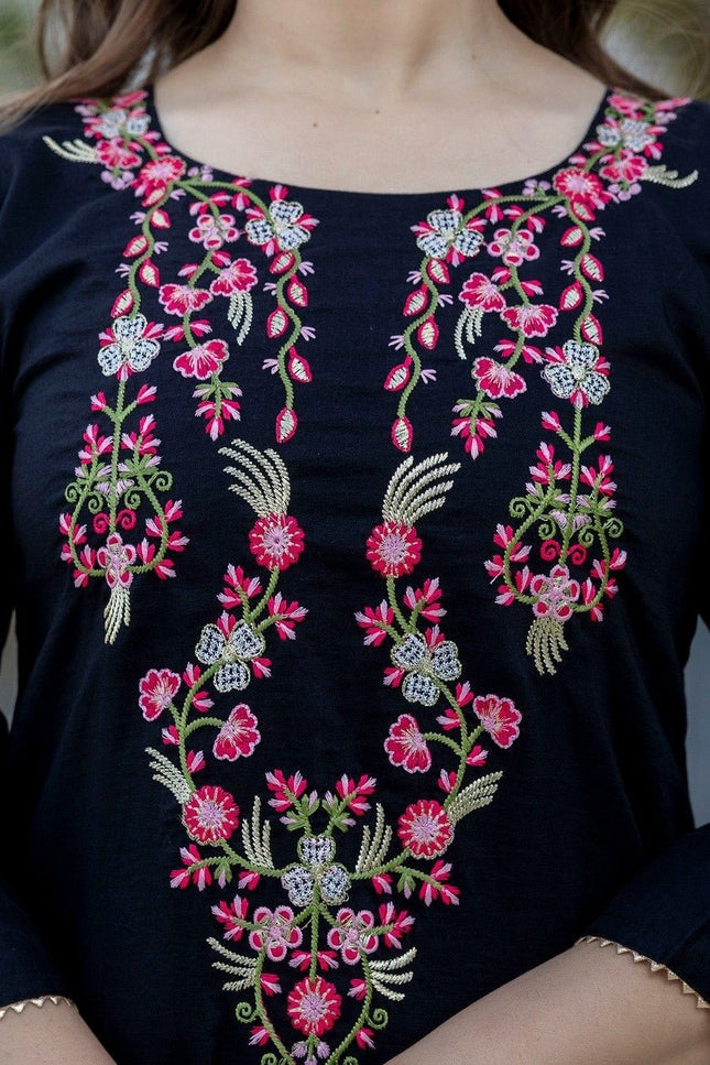 Embroidered Chinon Kurti Pants Set With Tebby Silk Dupatta | Perfect for Casual and Semi - Formal Occasions - Rosepetals Luxe