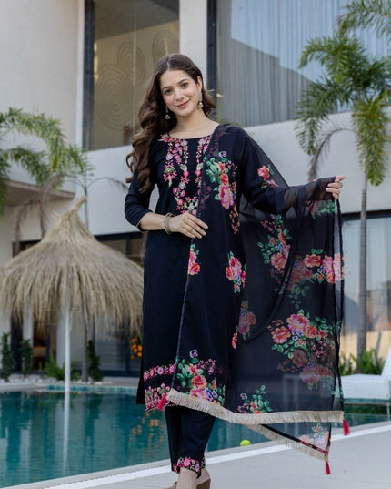 Embroidered Chinon Kurti Pants Set With Tebby Silk Dupatta | Perfect for Casual and Semi - Formal Occasions - Rosepetals Luxe