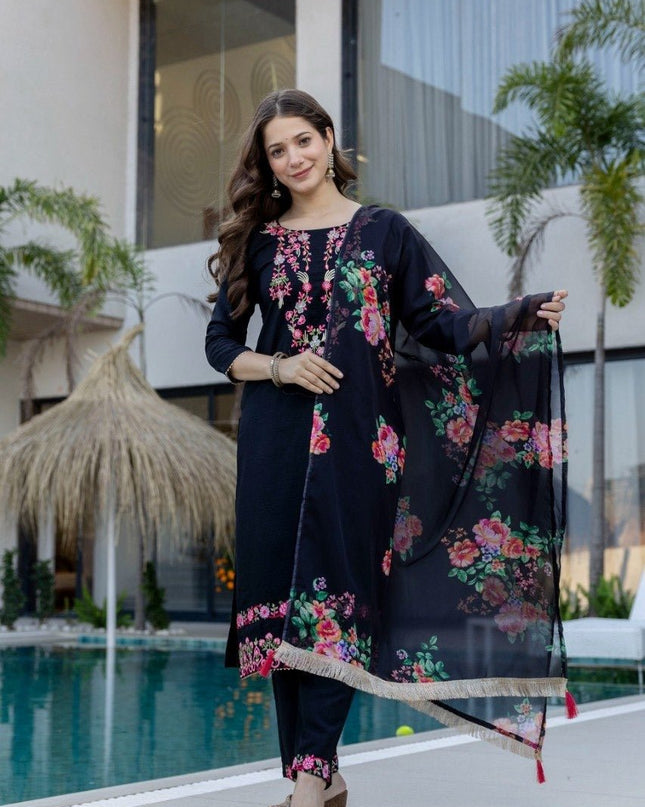 Embroidered Chinon Kurti Pants Set With Tebby Silk Dupatta | Perfect for Casual and Semi - Formal Occasions - Rosepetals Luxe