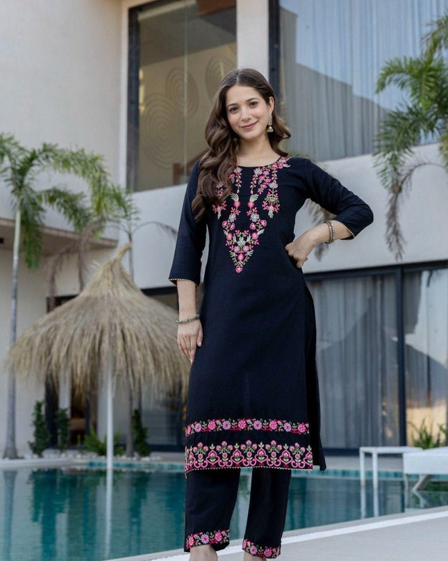 Embroidered Chinon Kurti Pants Set With Tebby Silk Dupatta | Perfect for Casual and Semi - Formal Occasions - Rosepetals Luxe