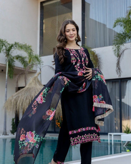 Embroidered Chinon Kurti Pants Set With Tebby Silk Dupatta | Perfect for Casual and Semi - Formal Occasions - Rosepetals Luxe