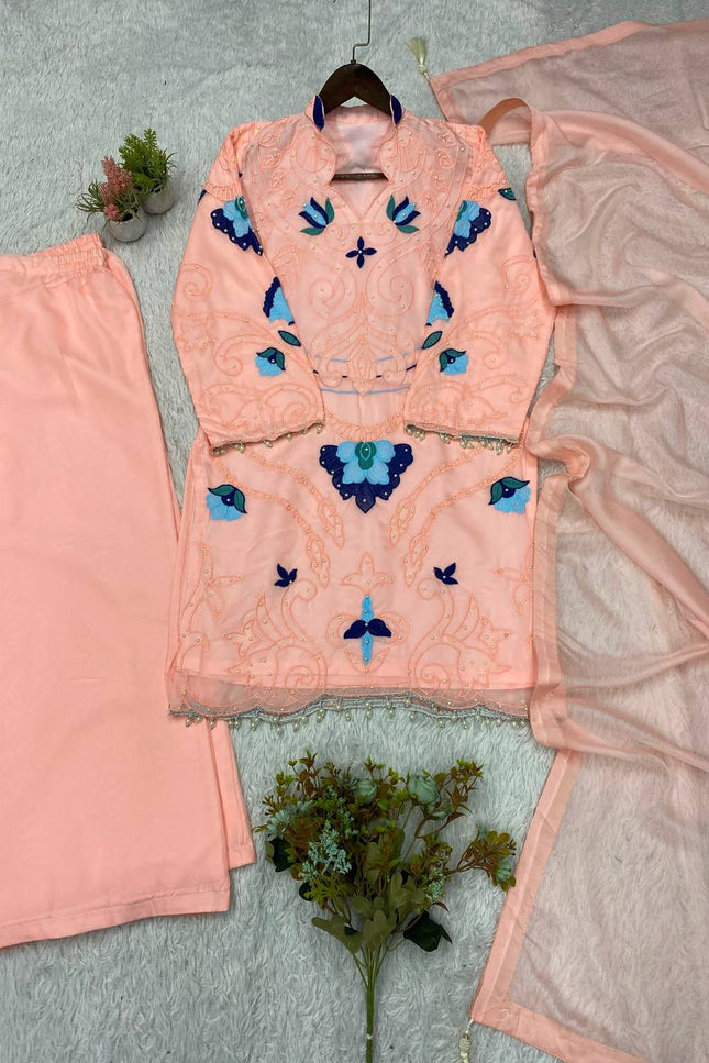 Embroidered Cut Work Organza Top, Plazzo & Dupatta Set – Women's Ethnic Wear - Rosepetals Luxe
