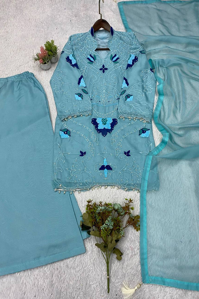 Embroidered Cut Work Organza Top, Plazzo & Dupatta Set – Women's Ethnic Wear - Rosepetals Luxe