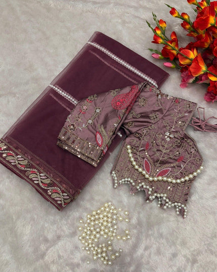 Embroidered Net Saree with Pearl Work Blouse - Rosepetals Luxe