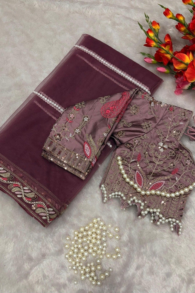 Embroidered Net Saree with Pearl Work Blouse - Rosepetals Luxe