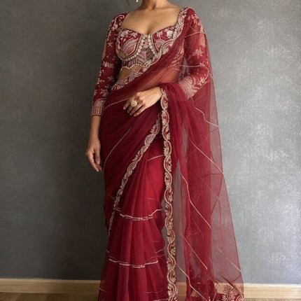 Embroidered Net Saree with Pearl Work Blouse - Rosepetals Luxe