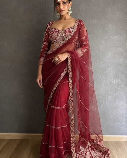 Embroidered Net Saree with Pearl Work Blouse - Rosepetals Luxe