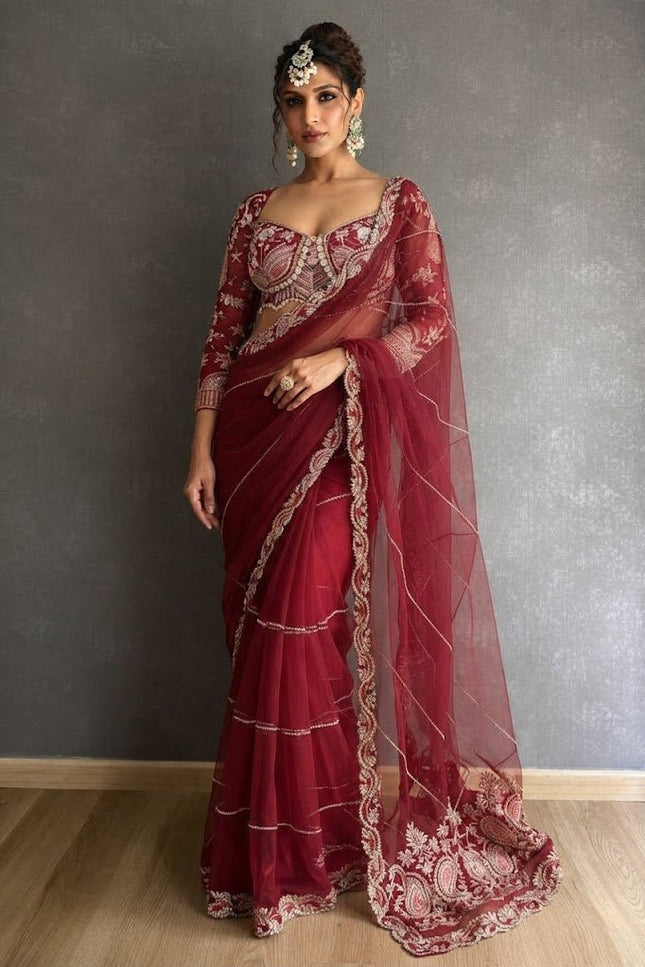 Embroidered Net Saree with Pearl Work Blouse - Rosepetals Luxe