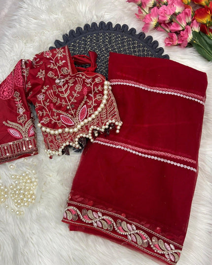 Embroidered Net Saree with Pearl Work Blouse - Rosepetals Luxe