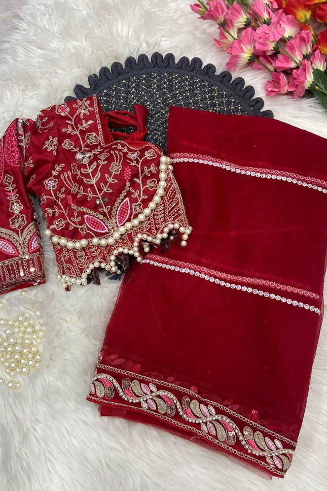 Embroidered Net Saree with Pearl Work Blouse - Rosepetals Luxe