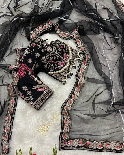 Embroidered Net Saree with Pearl Work Blouse - Rosepetals Luxe