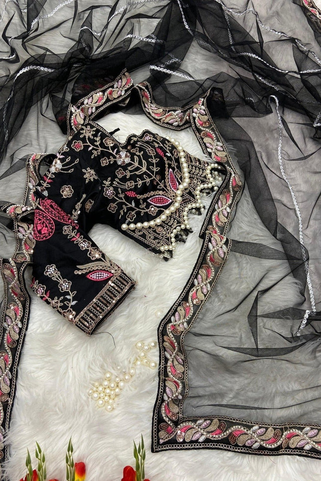 Embroidered Net Saree with Pearl Work Blouse - Rosepetals Luxe