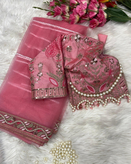 Embroidered Net Saree with Pearl Work Blouse - Rosepetals Luxe