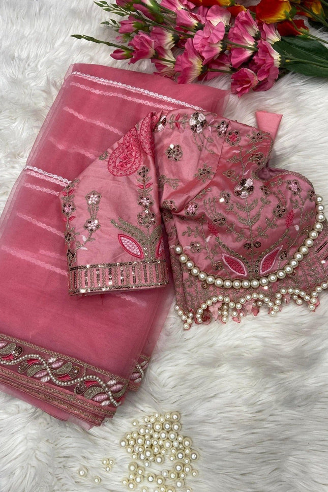 Embroidered Net Saree with Pearl Work Blouse - Rosepetals Luxe