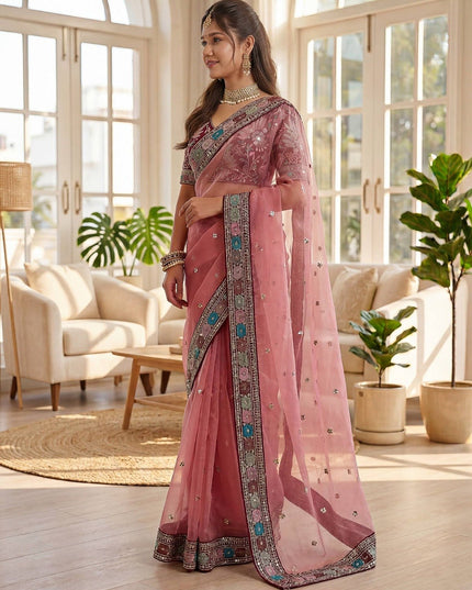 Embroidered Organza Silk Saree with Embroidery Lace Border and Mono Banglori Blouse Piece - Rosepetals Luxe