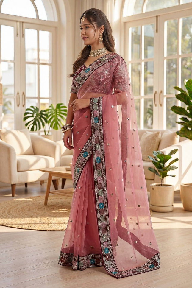 Embroidered Organza Silk Saree with Embroidery Lace Border and Mono Banglori Blouse Piece - Rosepetals Luxe