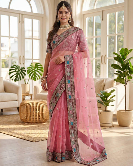 Embroidered Organza Silk Saree with Embroidery Lace Border and Mono Banglori Blouse Piece - Rosepetals Luxe