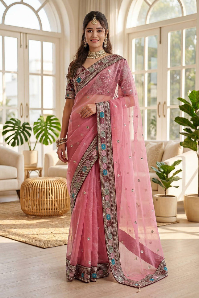 Embroidered Organza Silk Saree with Embroidery Lace Border and Mono Banglori Blouse Piece - Rosepetals Luxe