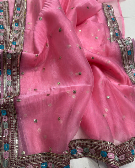 Embroidered Organza Silk Saree with Embroidery Lace Border and Mono Banglori Blouse Piece - Rosepetals Luxe