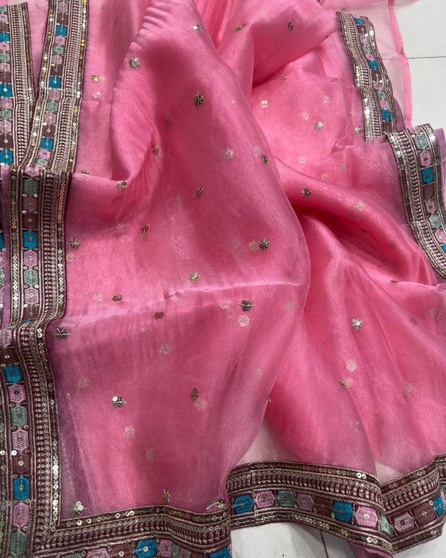 Embroidered Organza Silk Saree with Embroidery Lace Border and Mono Banglori Blouse Piece - Rosepetals Luxe