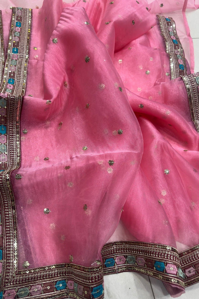 Embroidered Organza Silk Saree with Embroidery Lace Border and Mono Banglori Blouse Piece - Rosepetals Luxe