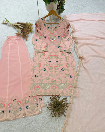 Georgette Embroidered Palazzo Suit Set with Cording Sequence Work and Dupatta