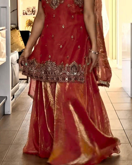 Embroidery Sequence Worked Top - Palazzo And Dupatta Set - Ready To Wear - Rosepetals Luxe
