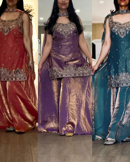 Embroidery Sequence Worked Top - Palazzo And Dupatta Set - Ready To Wear - Rosepetals Luxe