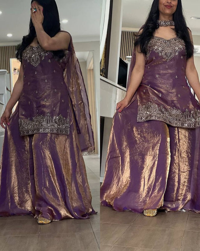 Embroidery Sequence Worked Top - Palazzo And Dupatta Set - Ready To Wear - Rosepetals Luxe