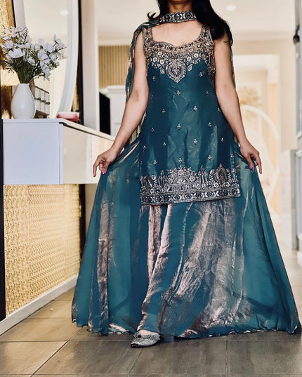Embroidery Sequence Worked Top - Palazzo And Dupatta Set - Ready To Wear - Rosepetals Luxe